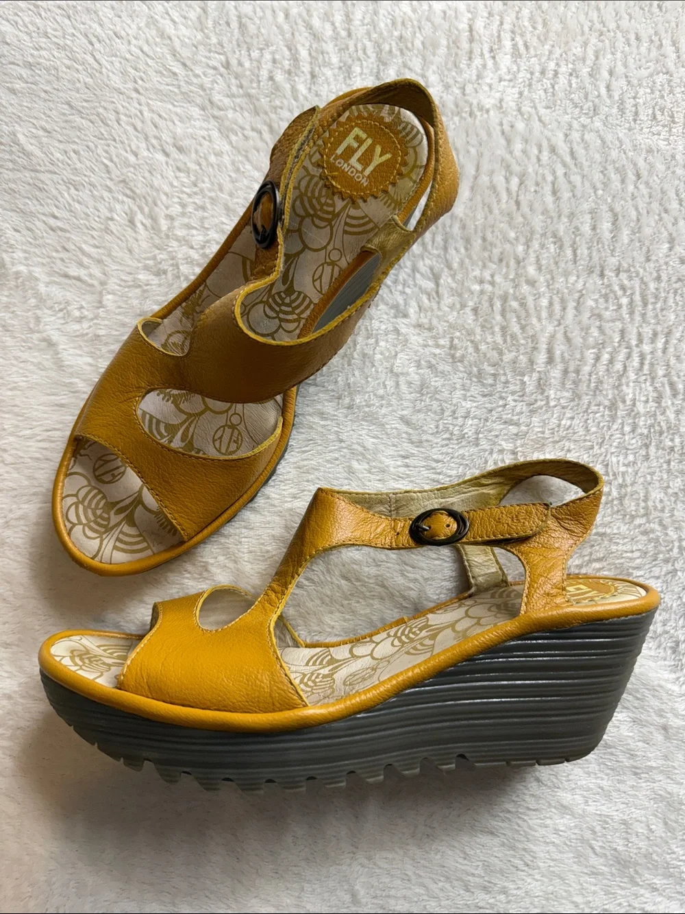 FLY London Yanca Mustard Yellow Leather Wedge Sandals Size US 8.5
